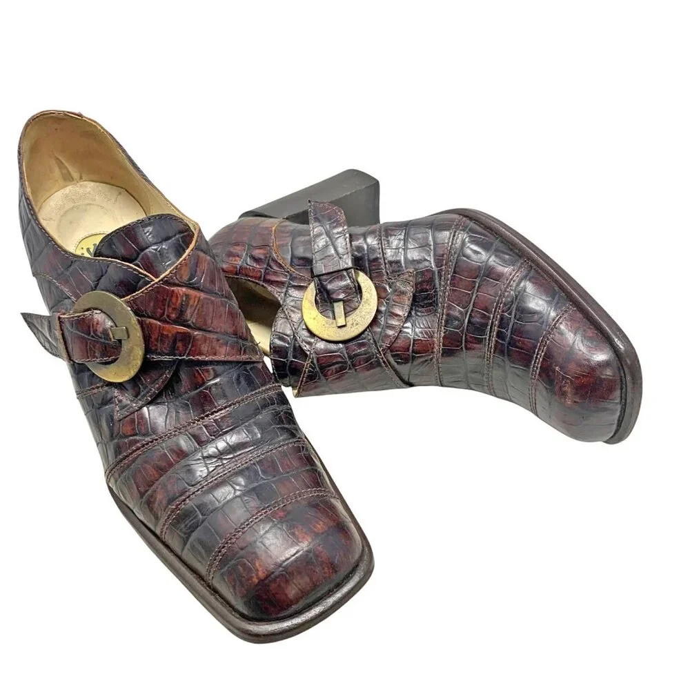 IXOS Reptile Embossed Italian Leather Monk Strap Chunky Heels‎